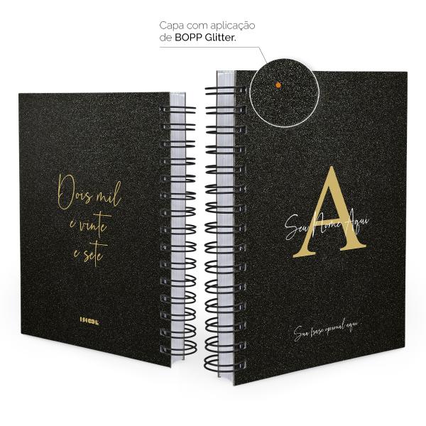 Agenda Personalizada Moderna Letra Glitter Preto Ouro