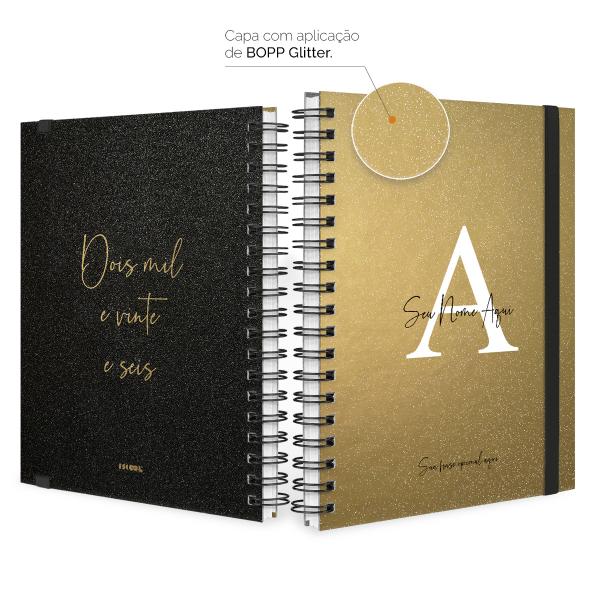 Agenda Planner Semanal Plus Personalizada Letra Glitter Metalizada Ouro