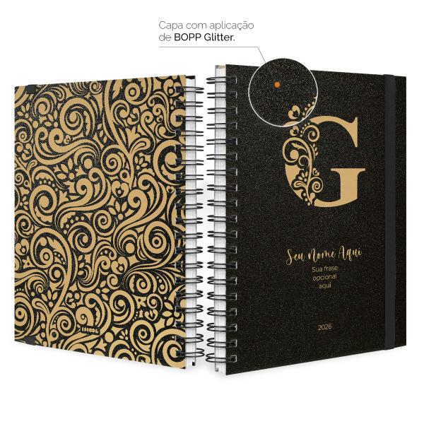 Agenda Planner Semanal Plus Personalizada Letra Arabesco Glitter Ouro Inicial G