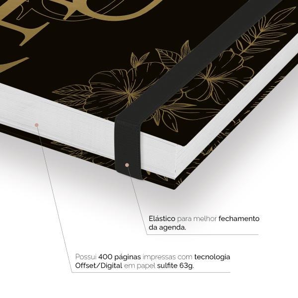 Agenda Comercial Plus Manicure Flores Preto e Ouro