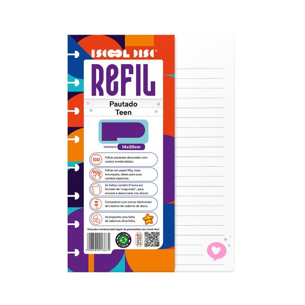 Refil Iscool Disc Pautado Teen 14x20 cm 90g 100 Folhas