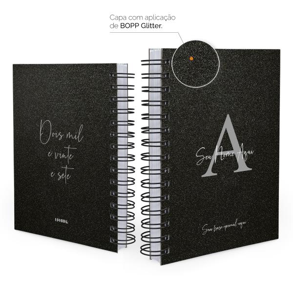 Agenda Personalizada Moderna Letra Glitter Preto Prata