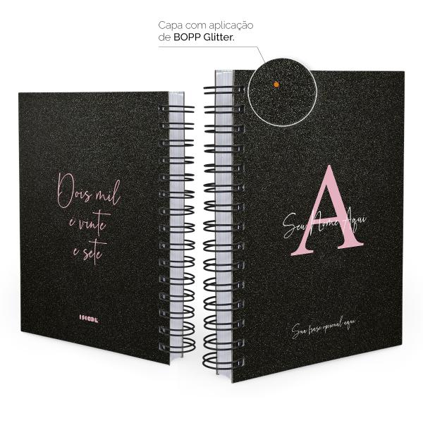 Agenda Personalizada Moderna Letra Glitter Preto Rosa