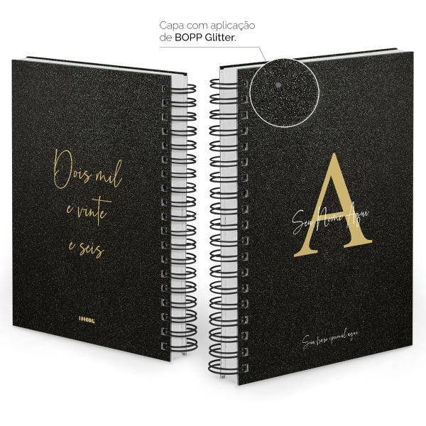 Agenda Diária Personalizada Moderna Letra Glitter Preto Ouro