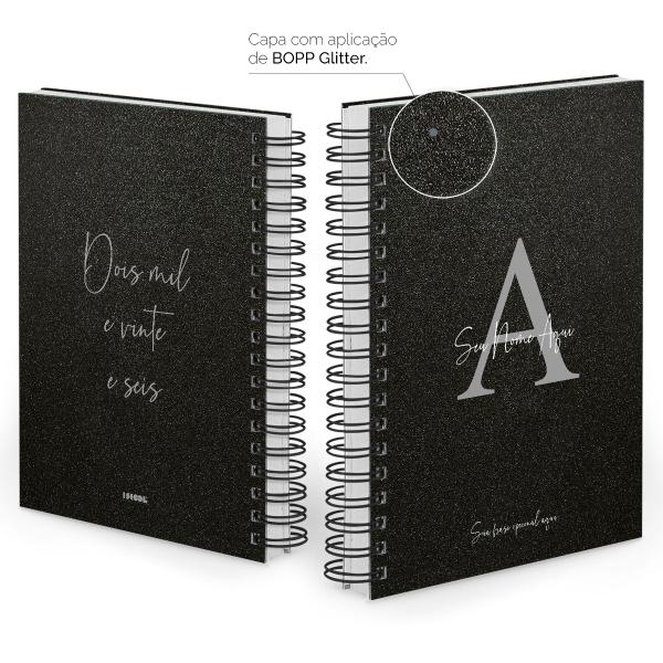 Agenda Diária Personalizada Moderna Letra Glitter Preto Prata