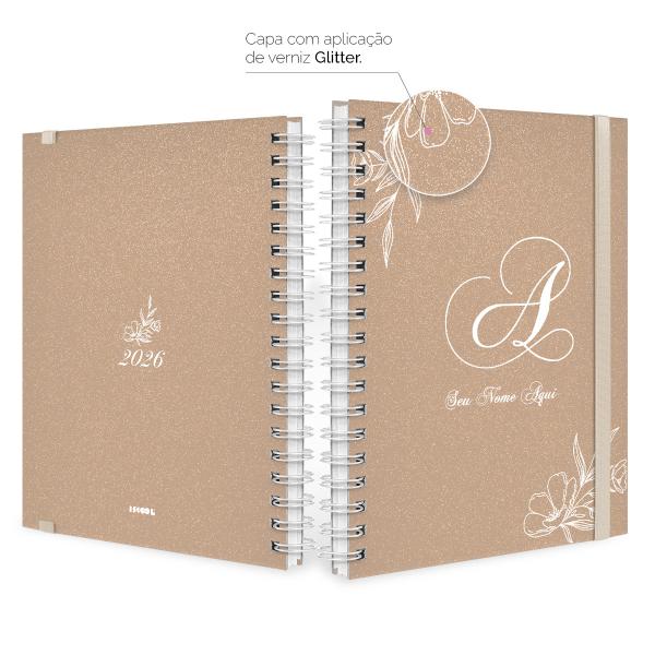Agenda Planner Semanal Plus Personalizada Moderna Floral Glitter Nude