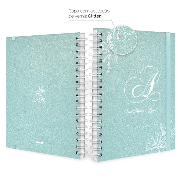 Agenda Planner Semanal Plus Personalizada Moderna Floral Glitter Verde Oceano