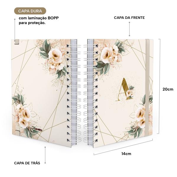 Agenda Planejamento 1 Dia Por Página Monograma Floral Nude e Dourado Letra A 2027