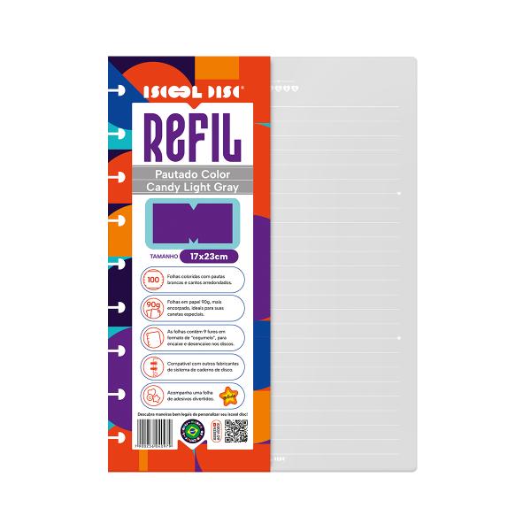 Refil Iscool Disc Pauta Branca Color Candy Light Gray 17x23 cm 90g 100 folhas