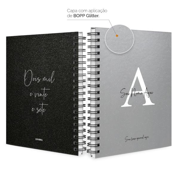 Agenda Planner Semanal Personalizada Moderna Letra Glitter Metalizada Prata 2027