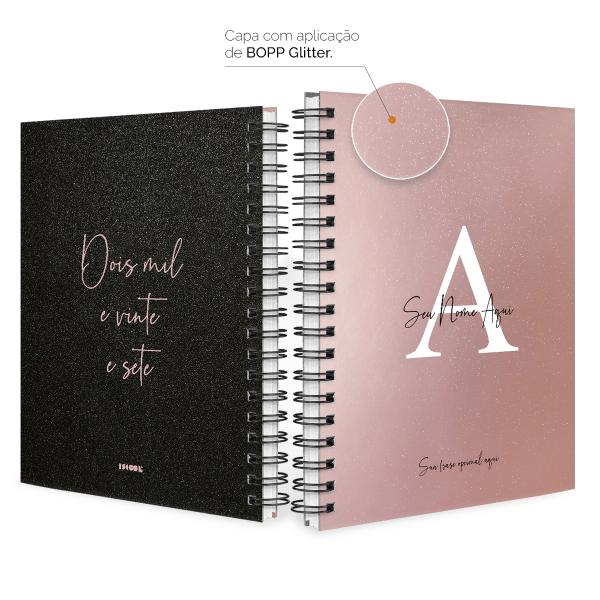 Agenda Planner Semanal Personalizada Moderna Letra Glitter Metalizada Rose Gold 2027