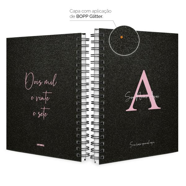 Agenda Planner Semanal Personalizada Moderna Letra Glitter Preto e Rosa 2027