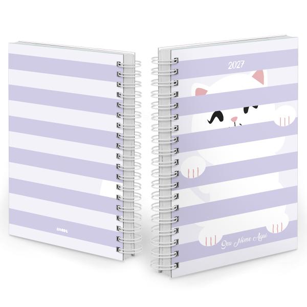 Agenda Diária Personalizada Listras Lilás Gato Branco 2027