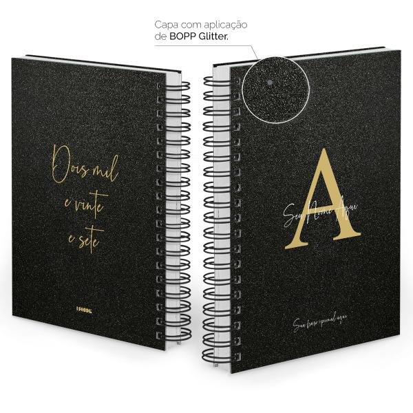 Agenda Diária Personalizada Moderna Letra Glitter Preto Ouro 2027