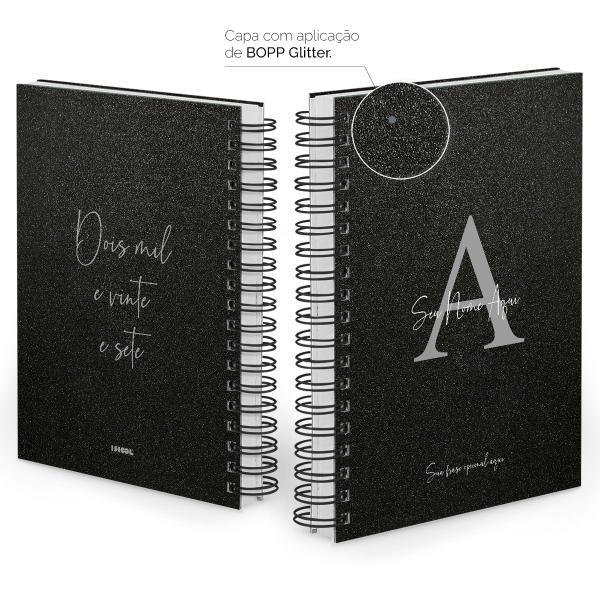 Agenda Diária Personalizada Moderna Letra Glitter Preto Prata 2027