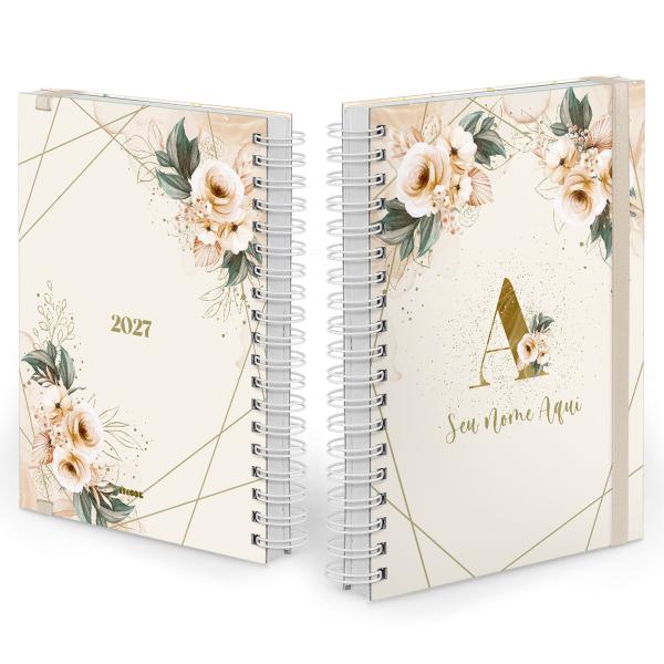 Agenda Diária Plus Personalizada Monograma Floral Bege E Dourado Letra A 2027