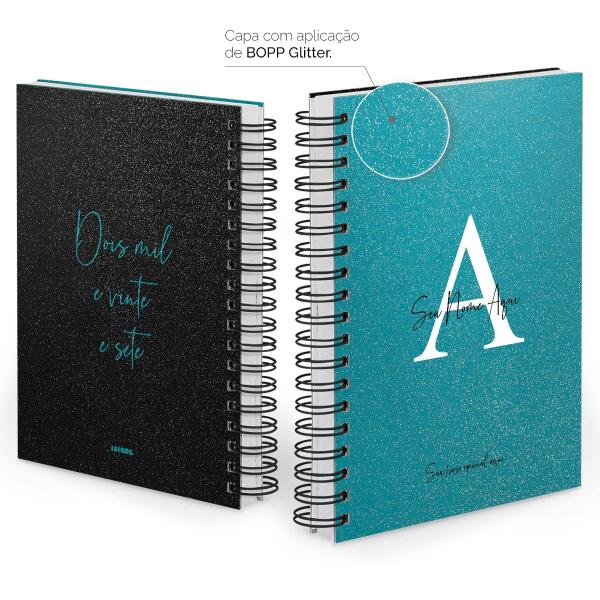 Agenda Diária Personalizada Moderna Letra Glitter Metalizada Azul Topázio 2027