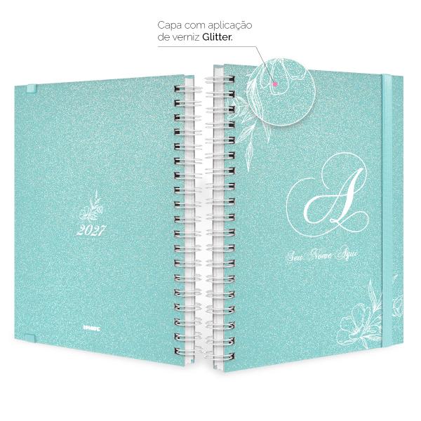 Agenda Planner Semanal Plus Personalizada Moderna Floral Glitter Verde Oceano 2027