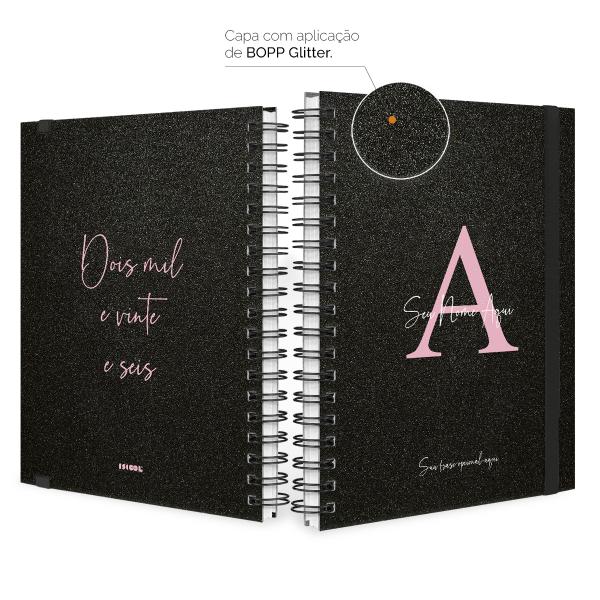 Agenda Planner Semanal Plus Personalizada Moderna Letra Glitter Preto e Rosa