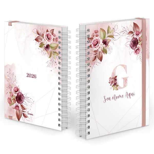 Agenda Diária Plus Personalizada Monograma Floral Rosa E Branco Letra G