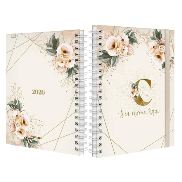 Agenda Planner Semanal Plus Personalizada Monograma Floral Bege E Dourado Letra C