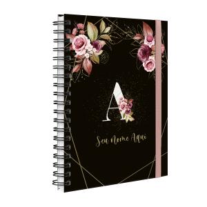 Agenda Planner Semanal Plus Personalizada Monograma Floral Preto E Rosa Inicial Letra A