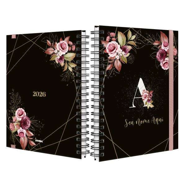 Agenda Planner Semanal Plus Personalizada Monograma Floral Preto E Rosa Inicial Letra A