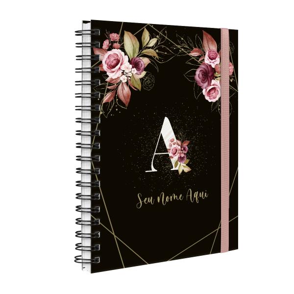 Agenda Planner Semanal Plus Personalizada Monograma Floral Preto E Rosa Inicial Letra A
