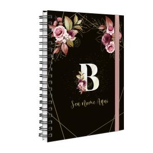 Agenda Planner Semanal Plus Personalizada Monograma Floral Preto E Rosa Inicial Letra B