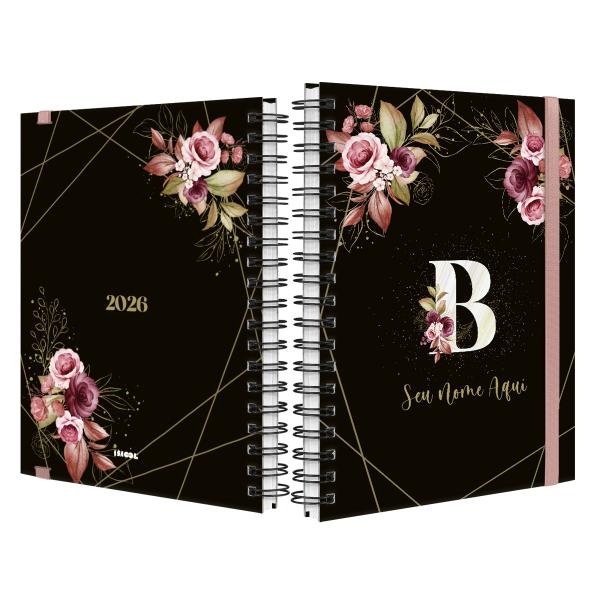 Agenda Planner Semanal Plus Personalizada Monograma Floral Preto E Rosa Inicial Letra B