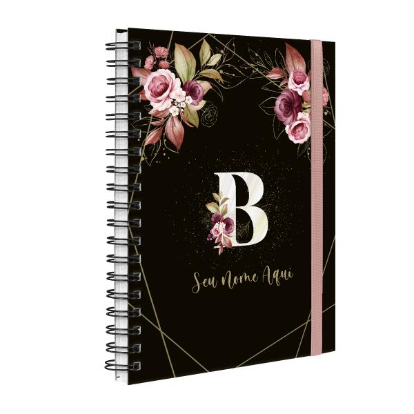 Agenda Planner Semanal Plus Personalizada Monograma Floral Preto E Rosa Inicial Letra B